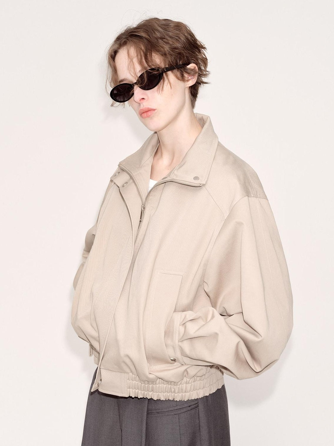 RUN TO THE FUTURE Original Design 100 Cotton Loose Fit Short Zip Stand Collar Khaki Track Jackets