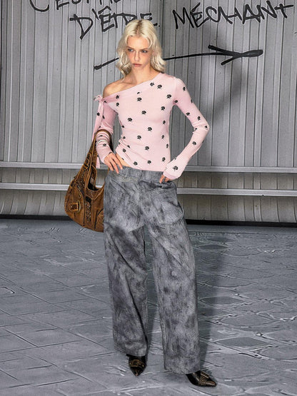 The NeverMore Soft Casual Slim Fit Pink Rose Floral Lyocell Women Long Sleeve Crop Tops