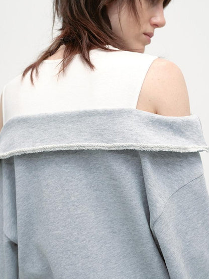 RUN TO THE FUTURE Gray White Patchwork Layered Loose Crewneck Commuter Women Pullover Sweatshirts