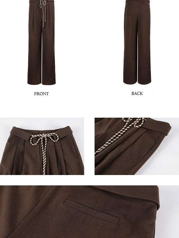 7Shiftin Brown Drawstring Pocket Natural Waist Original Straight Women Wide Leg Pants