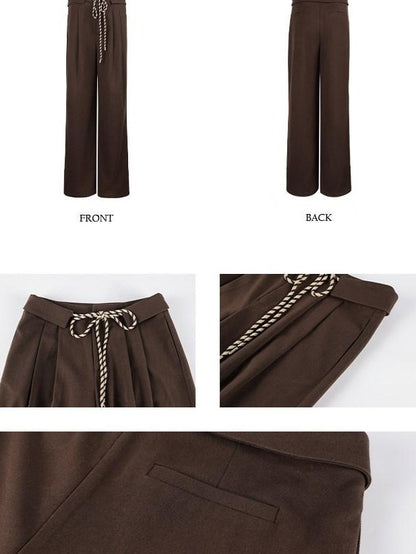 7Shiftin Brown Drawstring Pocket Natural Waist Original Straight Women Wide Leg Pants