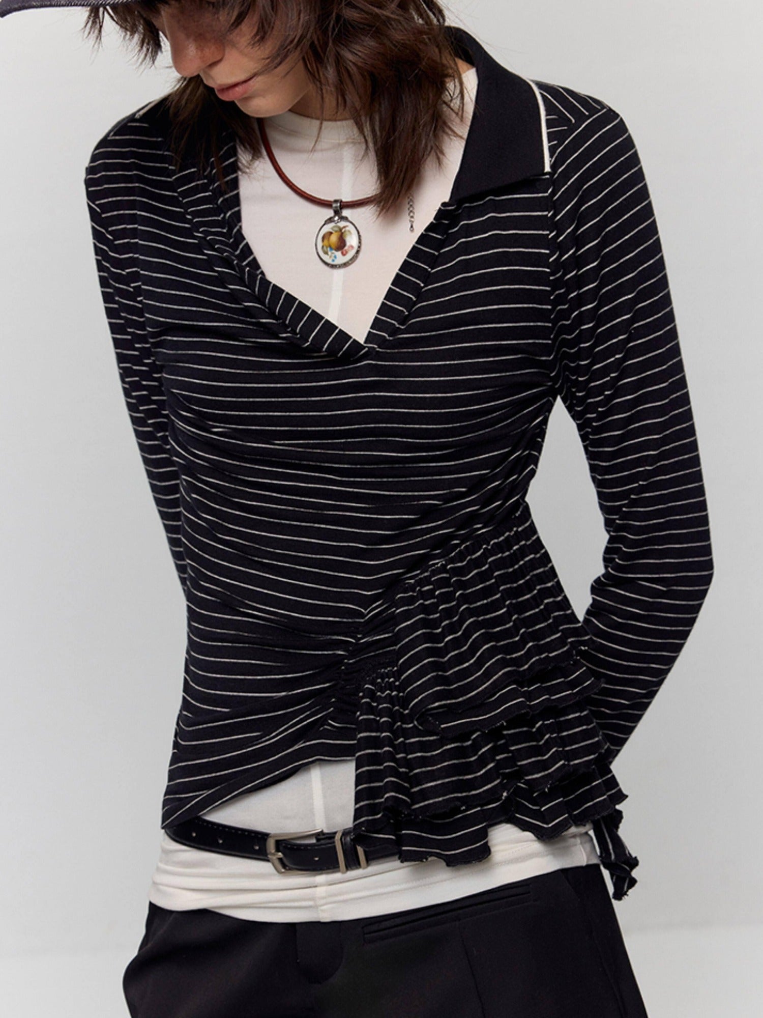 RUN TO THE FUTURE Slim Fit Ruffle Henley Black White Stripe Womens Wool Blend Long Sleeve T-Shirts