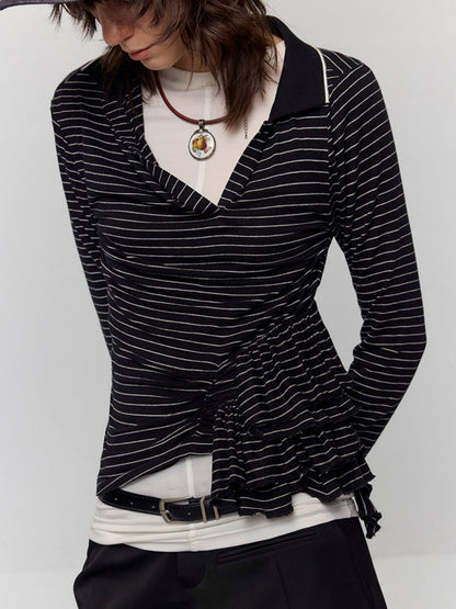 RUN TO THE FUTURE Slim Fit Ruffle Henley Black White Stripe Womens Wool Blend Long Sleeve T-Shirts