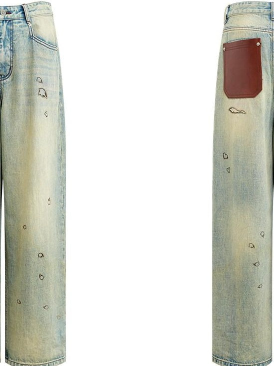 RUN TO THE FUTURE Durable Washed Low Rise Asymmetrical Vintage Unisex Printed Denim Wide-Leg Jeans