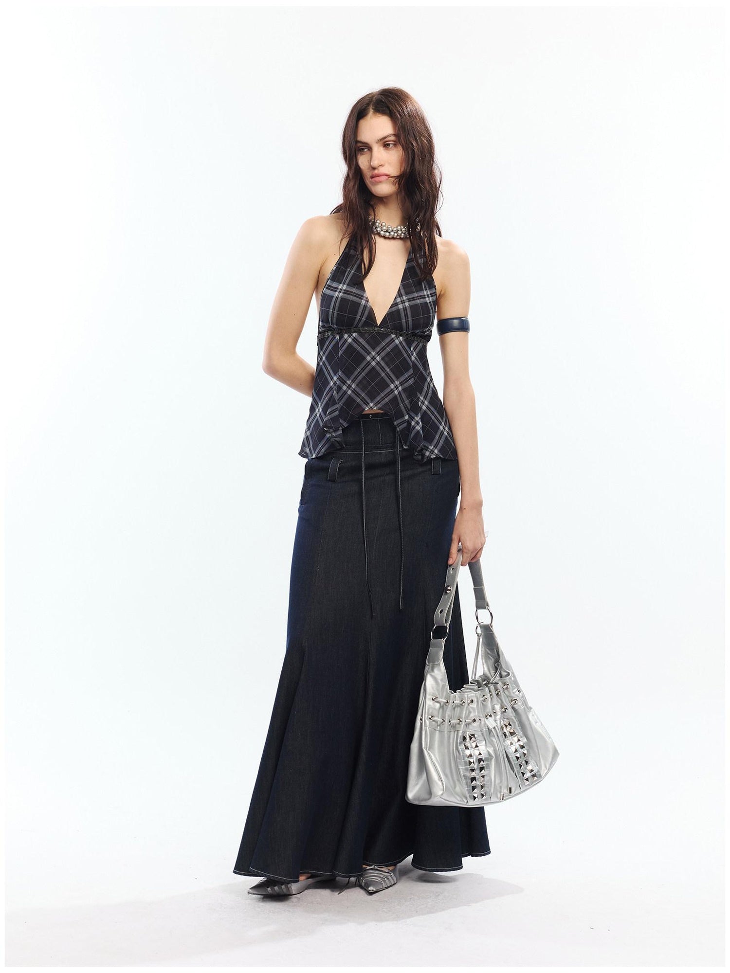 2th Desire High Waist Lyocell Cotton Patchwork Fishtail Tie Waist Women Maxi Skirts
