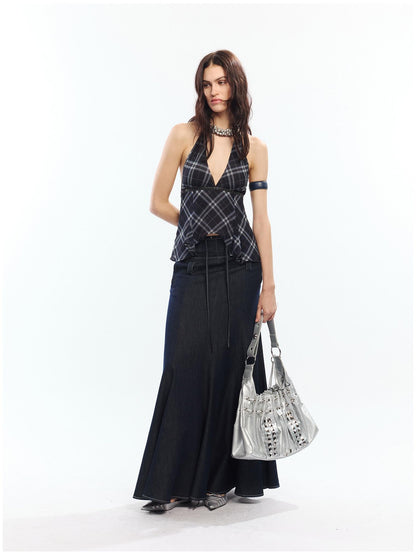 2th Desire High Waist Lyocell Cotton Patchwork Fishtail Tie Waist Women Maxi Skirts