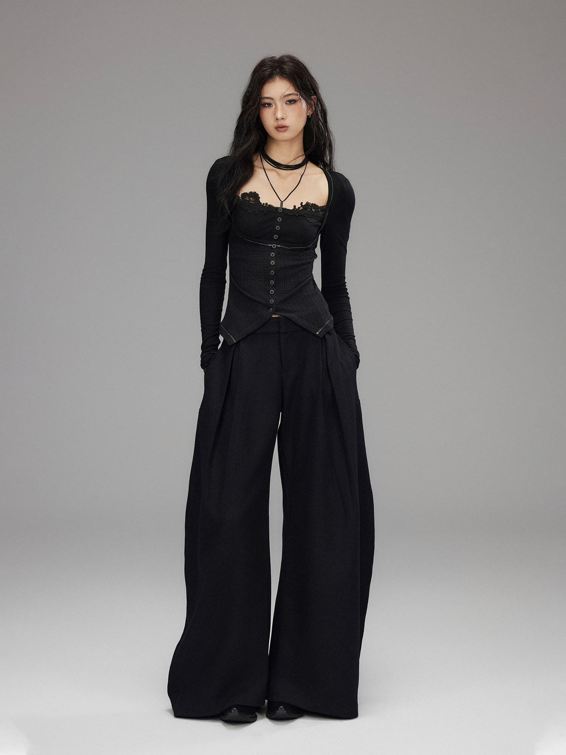 Low pixel Black Wool Blend Low Rise Zipper Casual Straight Hem Women Wide Leg Pants