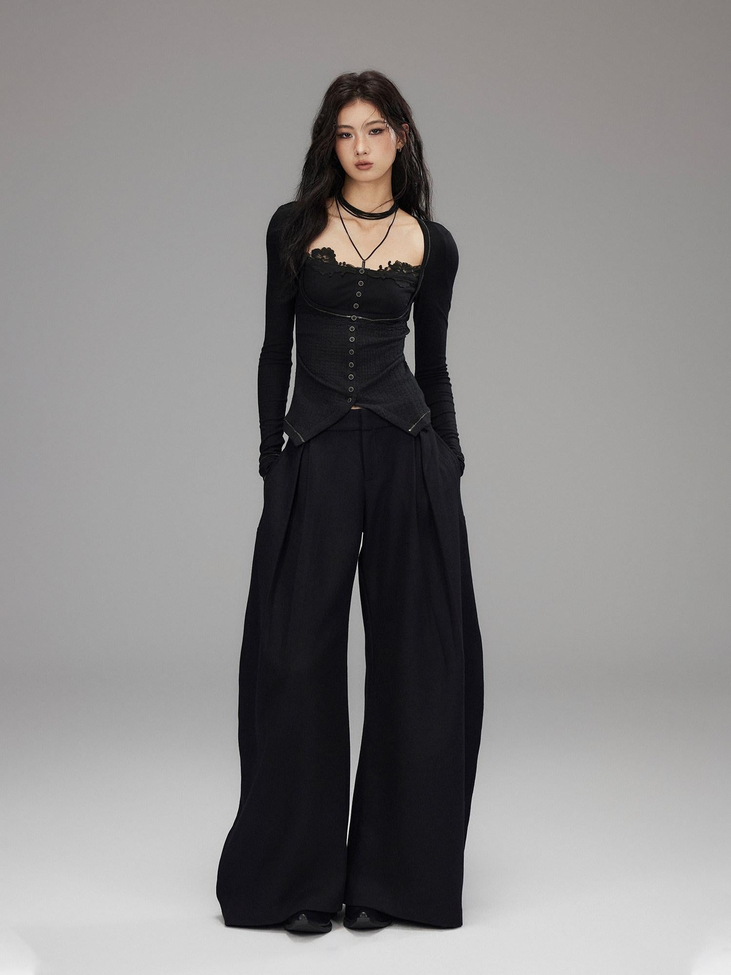 Low pixel Black Wool Blend Low Rise Zipper Casual Straight Hem Women Wide Leg Pants