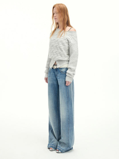 RUN TO THE FUTURE Vintage Washed Flared Cotton Natural Waist Women Blue Wide-Leg Jeans