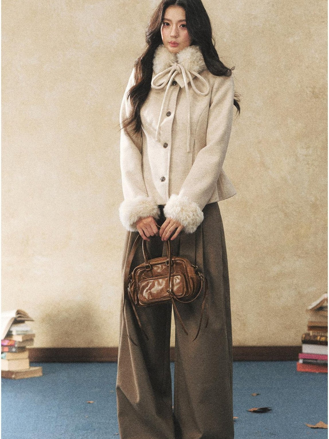 7Shiftin Pleated Wool Blend Natural Waist Casual Straight Hem Khaki Women Wide Leg Pants