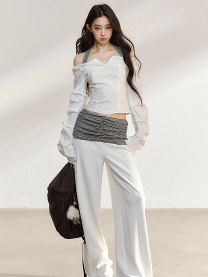 7Shiftin Recycled Fiber Stripe Patchwork Natural Waist Loose Women Wide Leg Pants