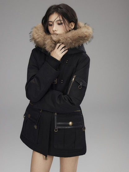 Low pixel Warm Cotton Utility Cinched Waist Multi Pocket Hooded Women Black Puffer Jackets