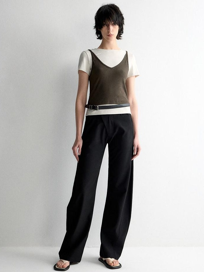 RUN TO THE FUTURE Soft Stretch Low Rise Minimal Loose Curved Tapered Women Classic Black Chinos