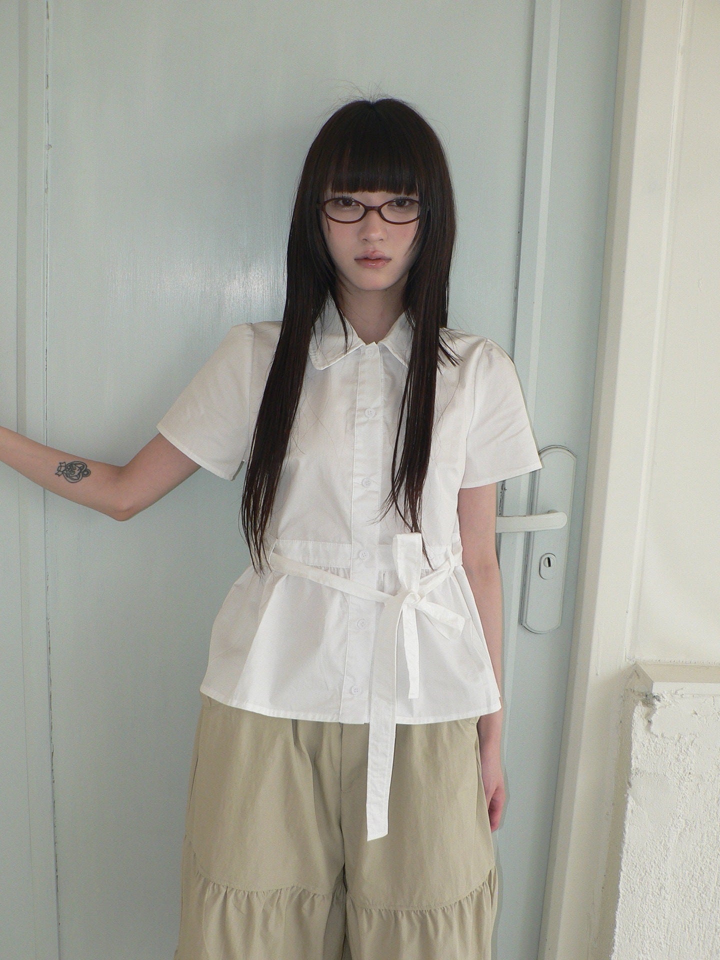 ang_project_Korean_Turn_Down_Collar_Single_Button_Tie_Waist_Women&