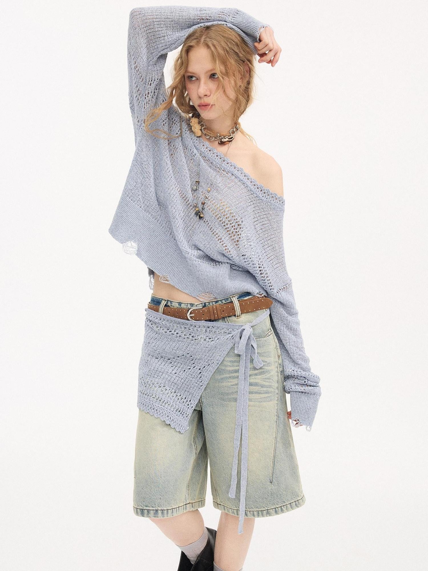 DIDDI MODA Mist Blue Asymmetrical One Shoulder Knit Women&