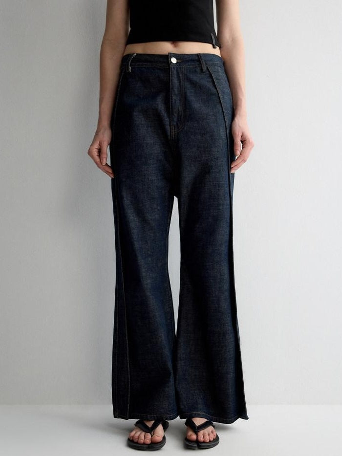 RUN TO THE FUTURE Durable Washed Casual Low Rise Wide Leg Dark Denim Flare Jeans