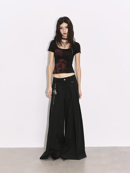 Low pixel Pleated Low Waist Relaxed Cotton Blend Black Women Wide Leg Pants