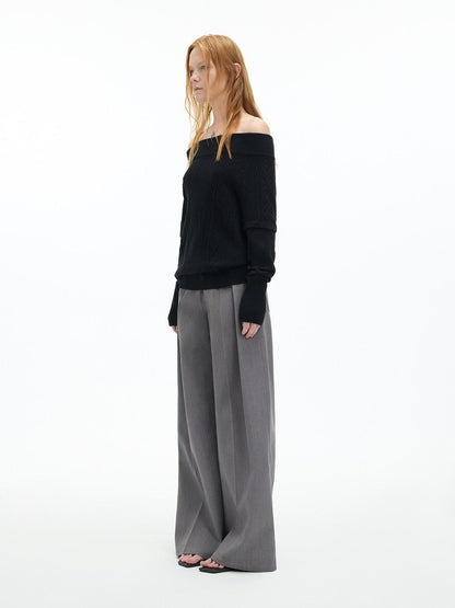 RUN TO THE FUTURE Low Rise Jacquard Minimal Casual Women Light Heather Gray Wide-Leg Pants