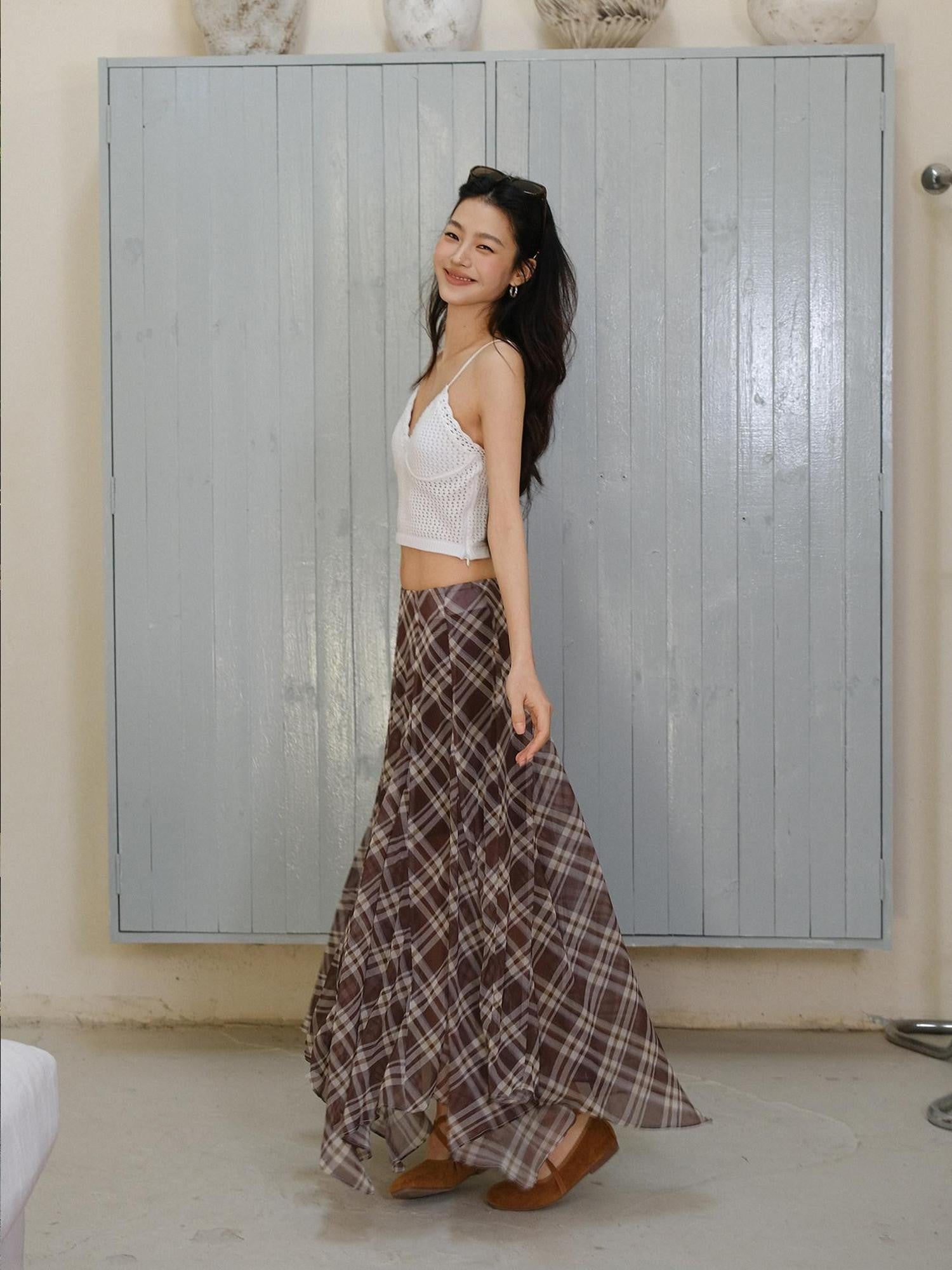 FU FRESH UP Vintage Plaid Print Irregular A Line High Waist Women&
