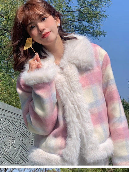 7Shiftin Pink Plaid Hidden Button Notch Lapel Preppy Youth Straight Fit Cropped Jackets