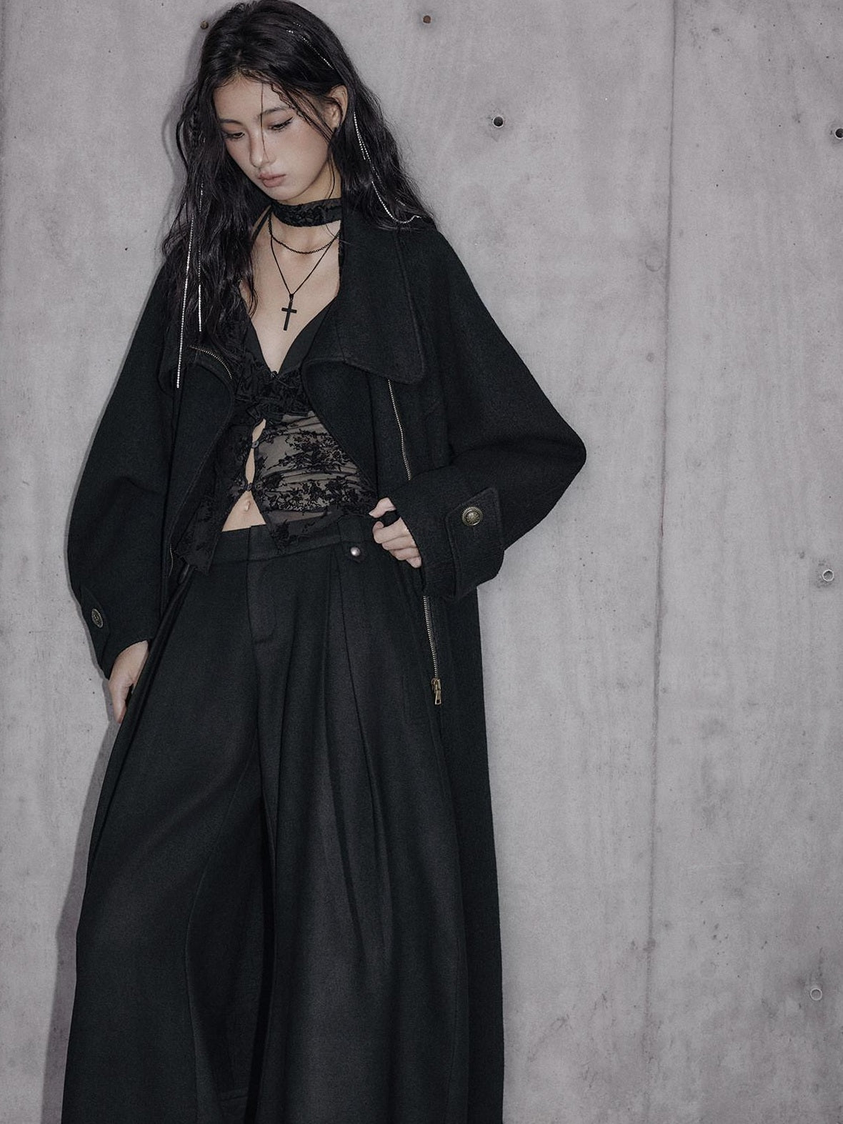 Low pixel Thick Wool Blend Oversized Streetwear European Long Zip Lapel Black Wool Coats