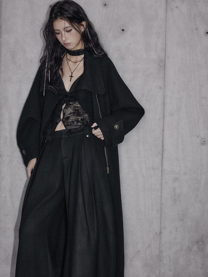 Low pixel Thick Wool Blend Oversized Streetwear European Long Zip Lapel Black Wool Coats