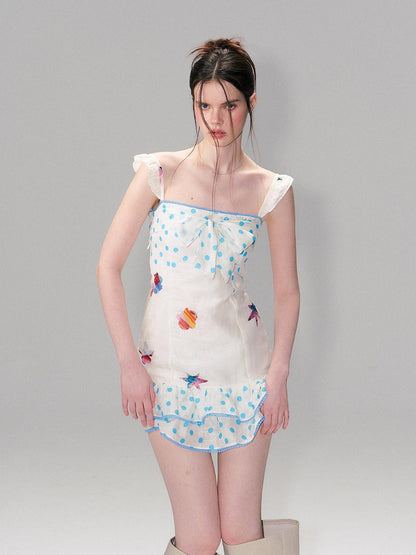 The NeverMore Linen Tie Waist Square Neck Aline Slim Ladies Printed Mini Dresses