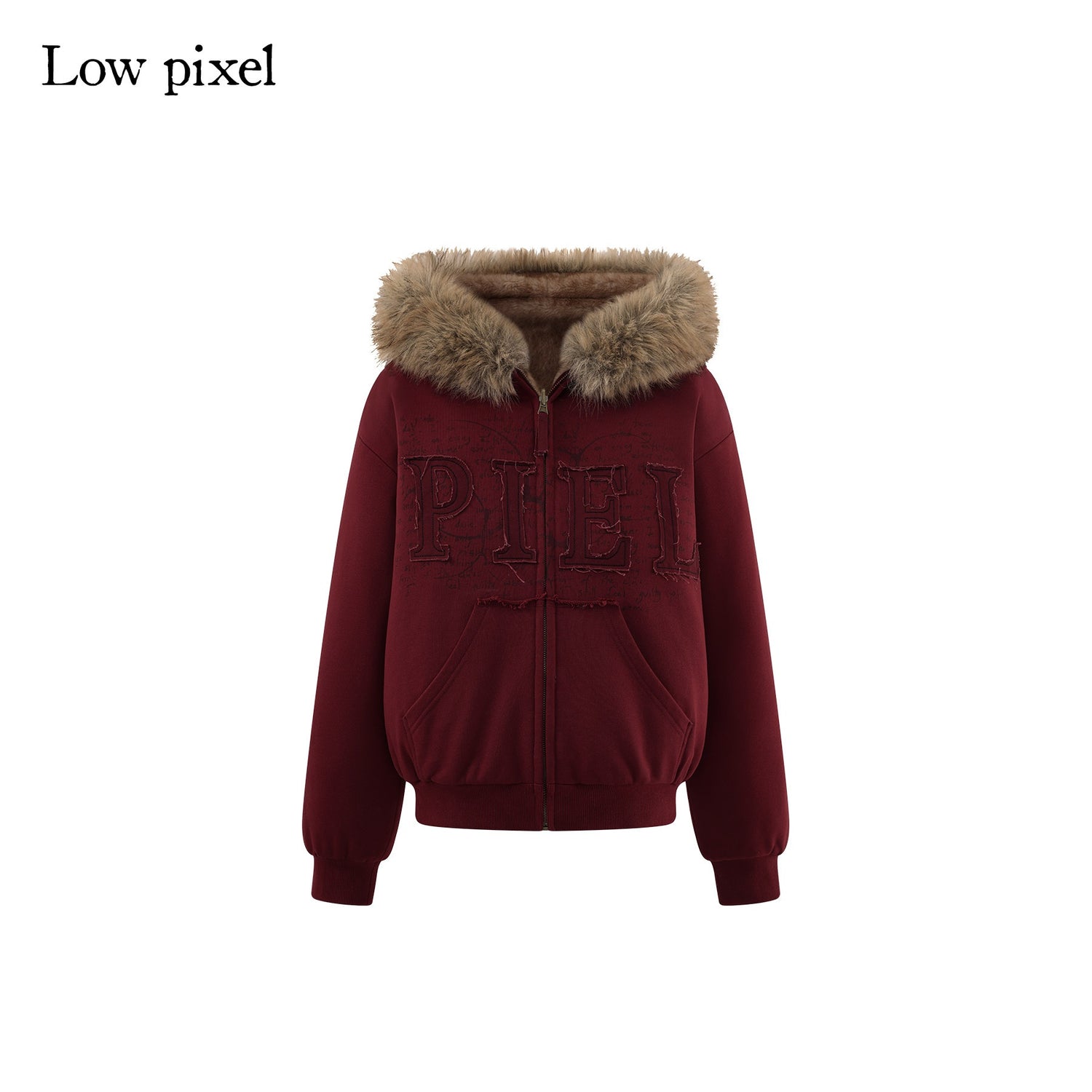 Low pixel Thick Warm 100 Percent Cotton Street Loose Fit Zip Up Women Red Oversized Hoodie