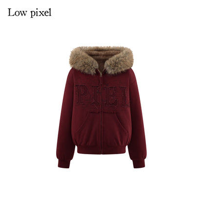 Low pixel Thick Warm 100 Percent Cotton Street Loose Fit Zip Up Women Red Oversized Hoodie