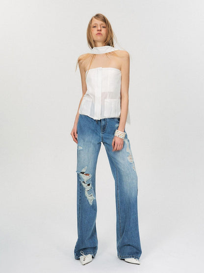 The NeverMore Zipper Front Slim Short Solid White Office Chic Strapless Tube Tops