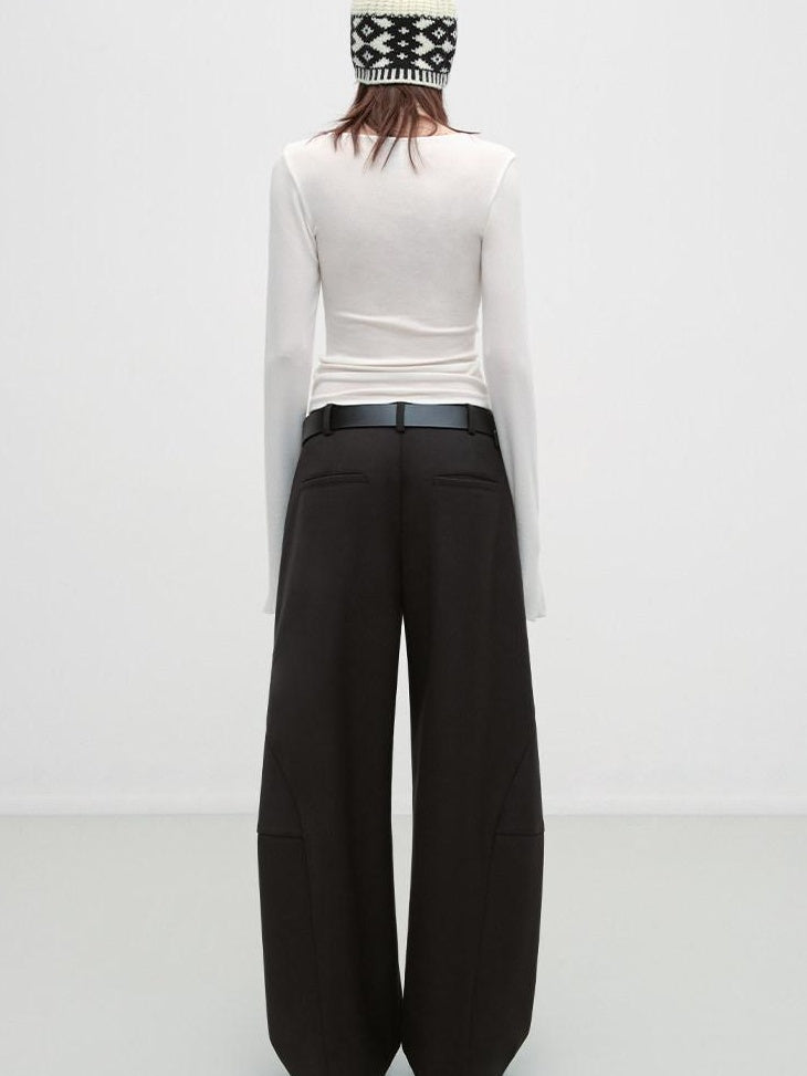 RUN TO THE FUTURE Pleated Minimalist Mid Rise Micro Stretch Casual Loose Fit Black Wide-Leg Pants