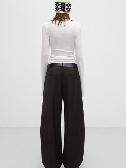 RUN TO THE FUTURE Pleated Minimalist Mid Rise Micro Stretch Casual Loose Fit Black Wide-Leg Pants