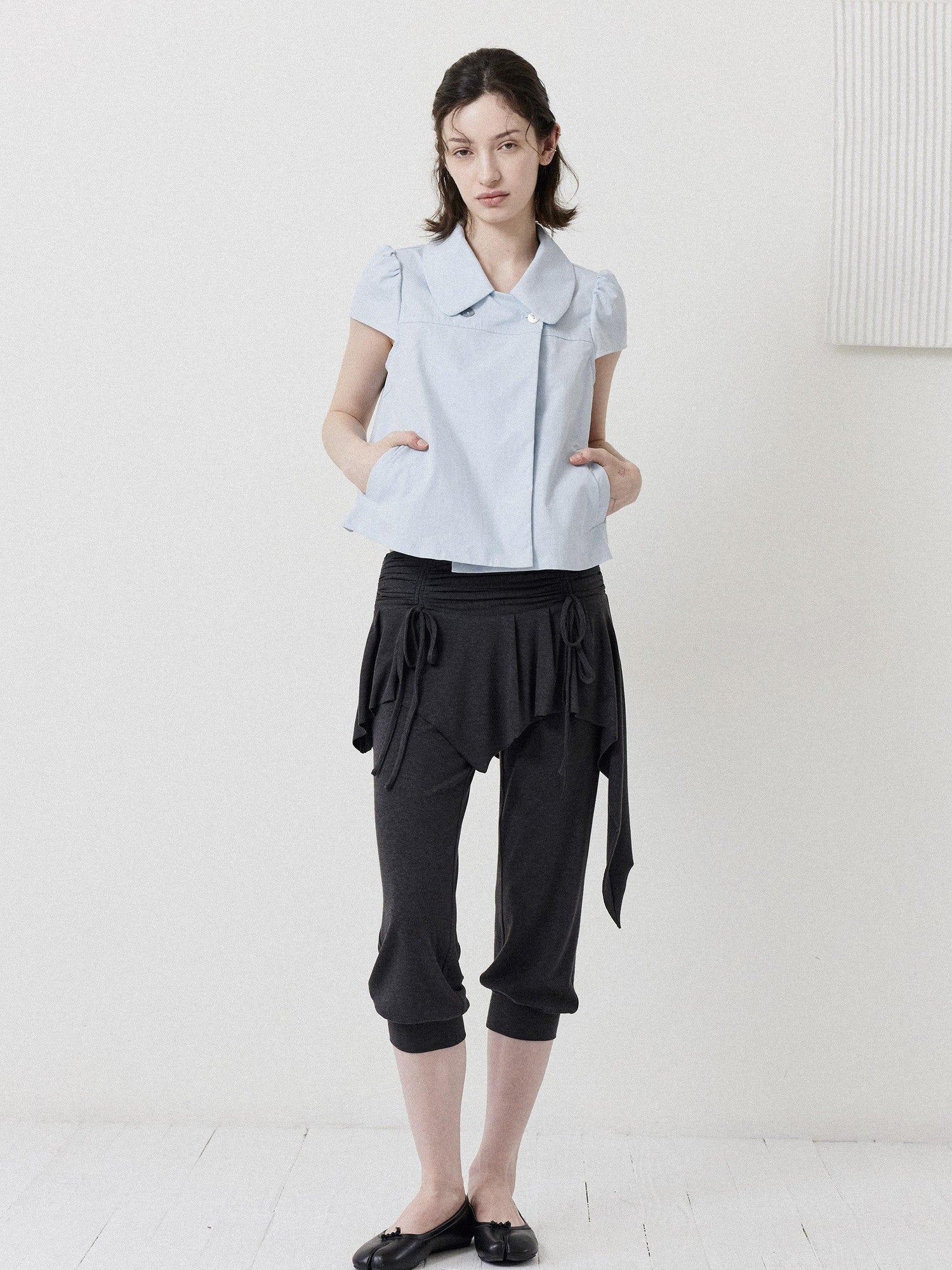 DKZ OFFICIAL Deep Blue Double Buttons Doll Collar Puff Sleeves Women&