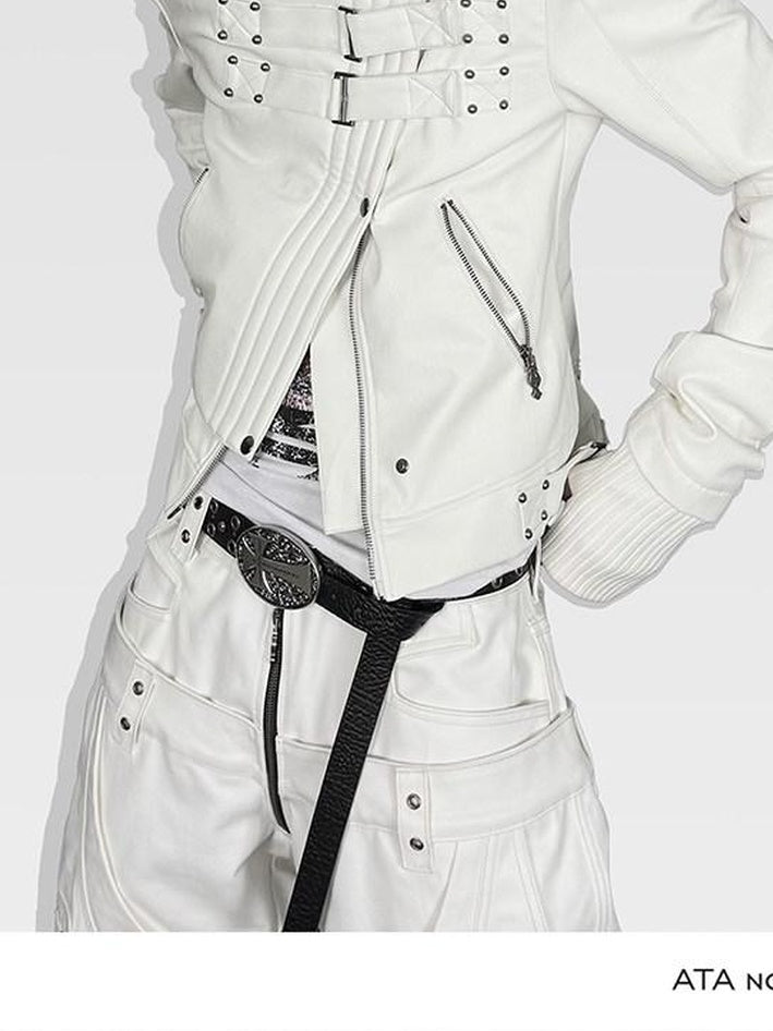 ATAnothingness Windproof Pu Cropped Zip Long Sleeve Silver Moon White Leather Jackets