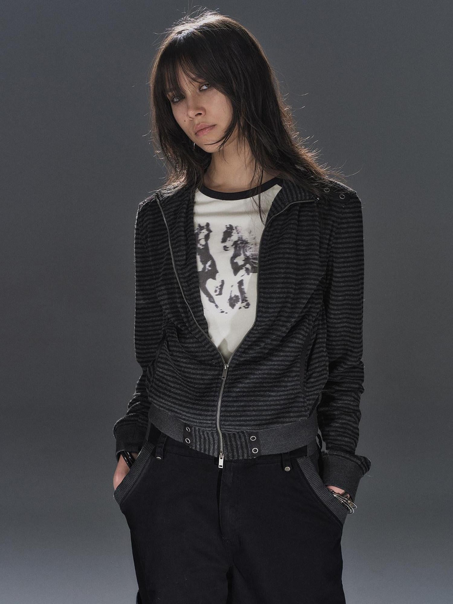 wear And tear Black Gray Striped Eyelet Tape Splice Punk Women&