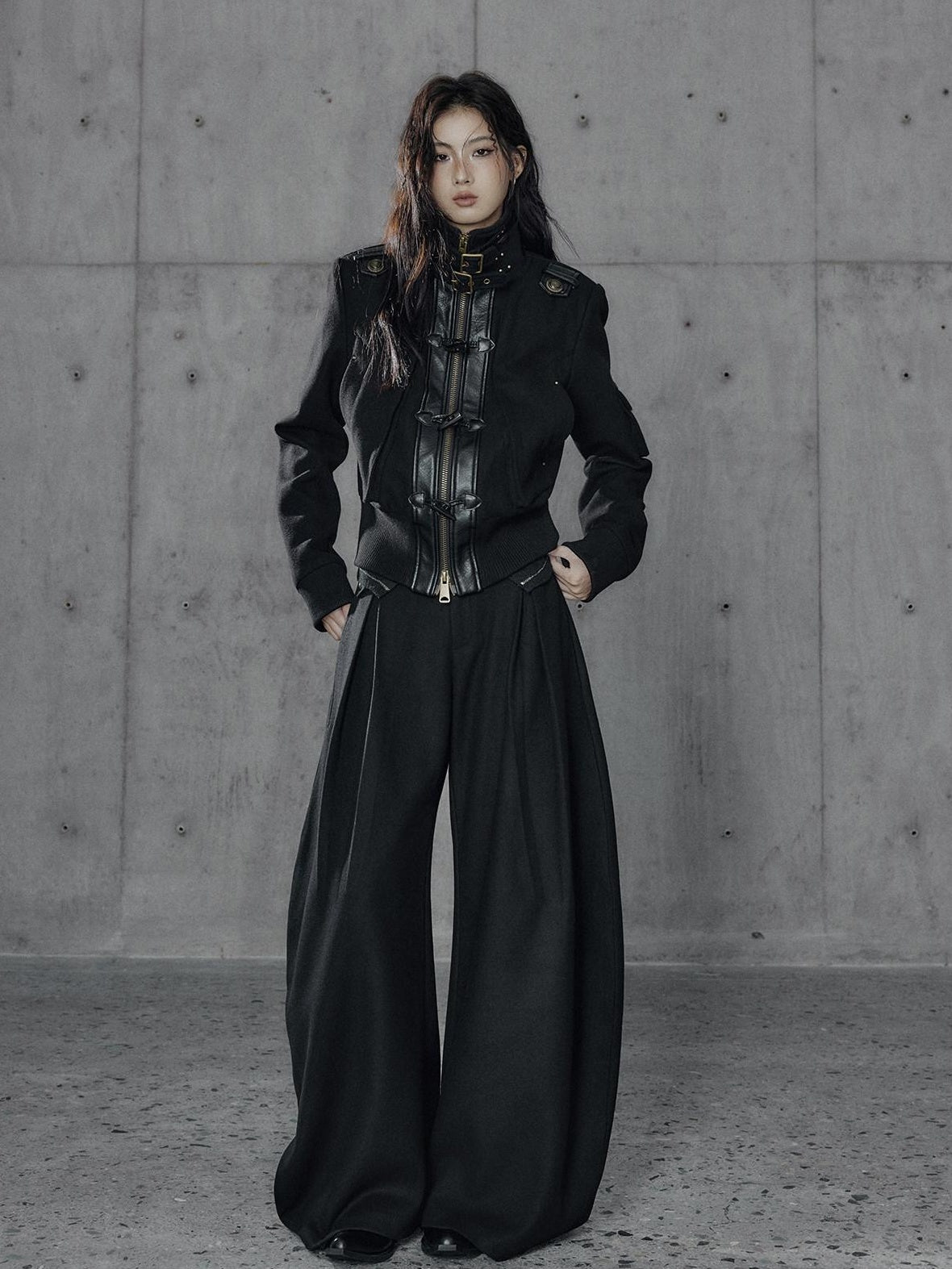 Low pixel Thick Wool Blend Slim Fit Street Hippie Stand Collar Black Cropped Jackets