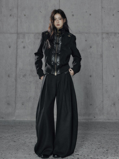 Low pixel Thick Wool Blend Slim Fit Street Hippie Stand Collar Black Cropped Jackets