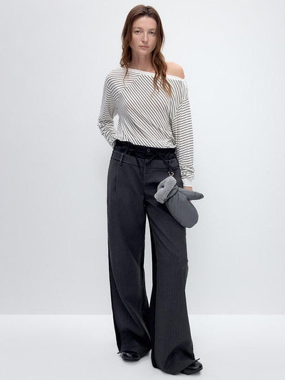 RUN TO THE FUTURE Double Waist Low Rise Pocketed Zipper Fly Women Black Gray Straight Pants