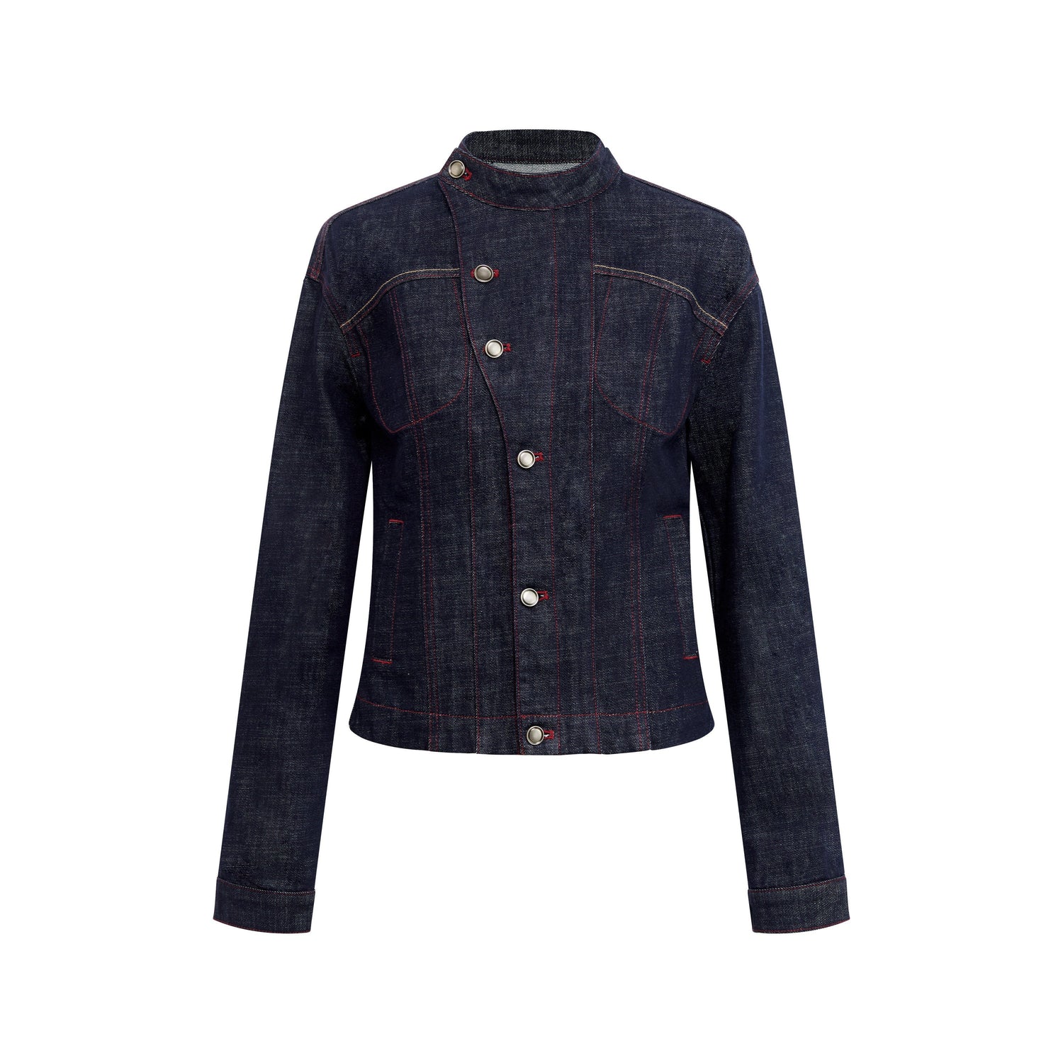 RUN TO THE FUTURE Vintage Asymmetric Fitted Waist Unisex Dark Indigo Cotton Button Denim Jackets