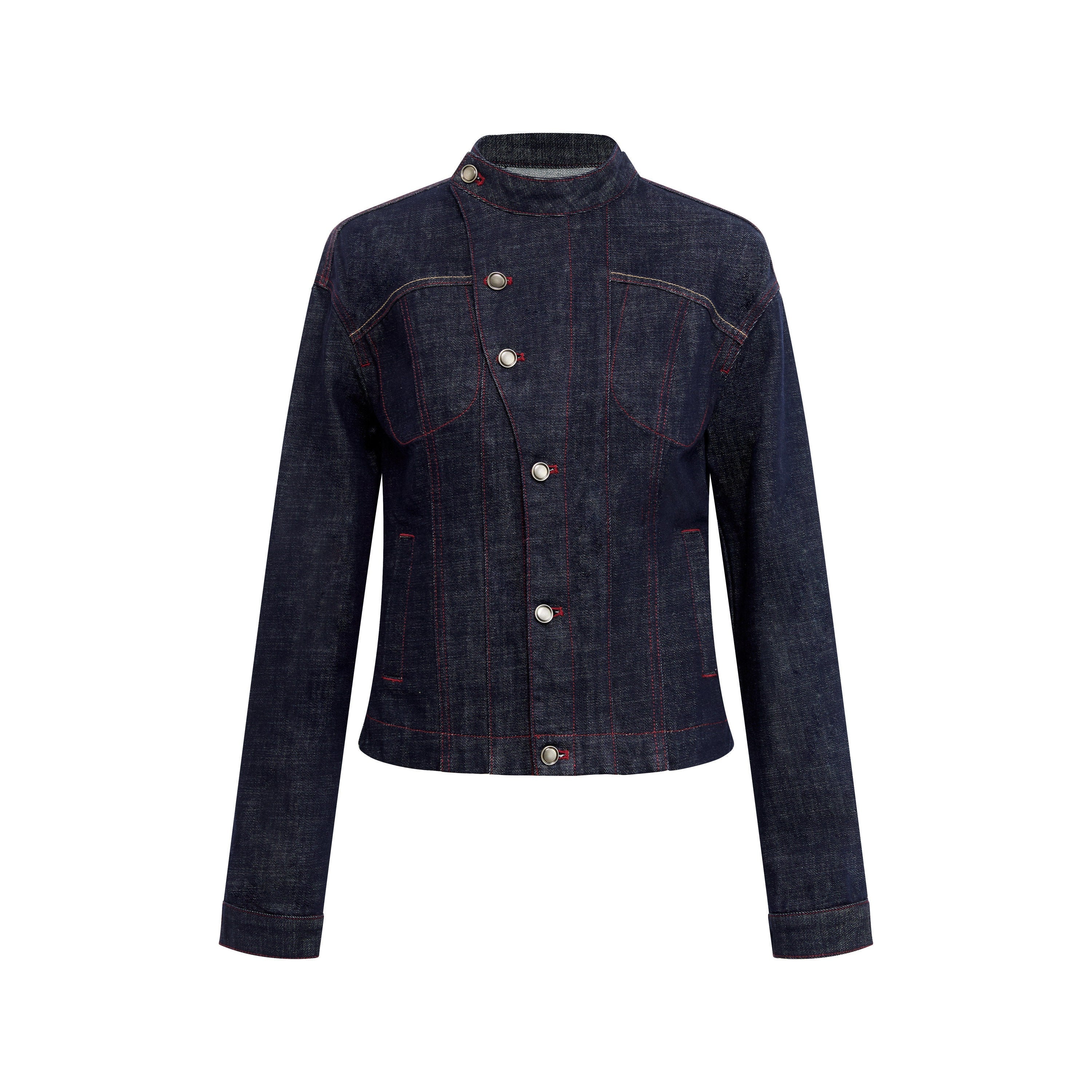 RUN TO THE FUTURE Vintage Asymmetric Fitted Waist Unisex Dark Indigo Cotton Button Denim Jackets