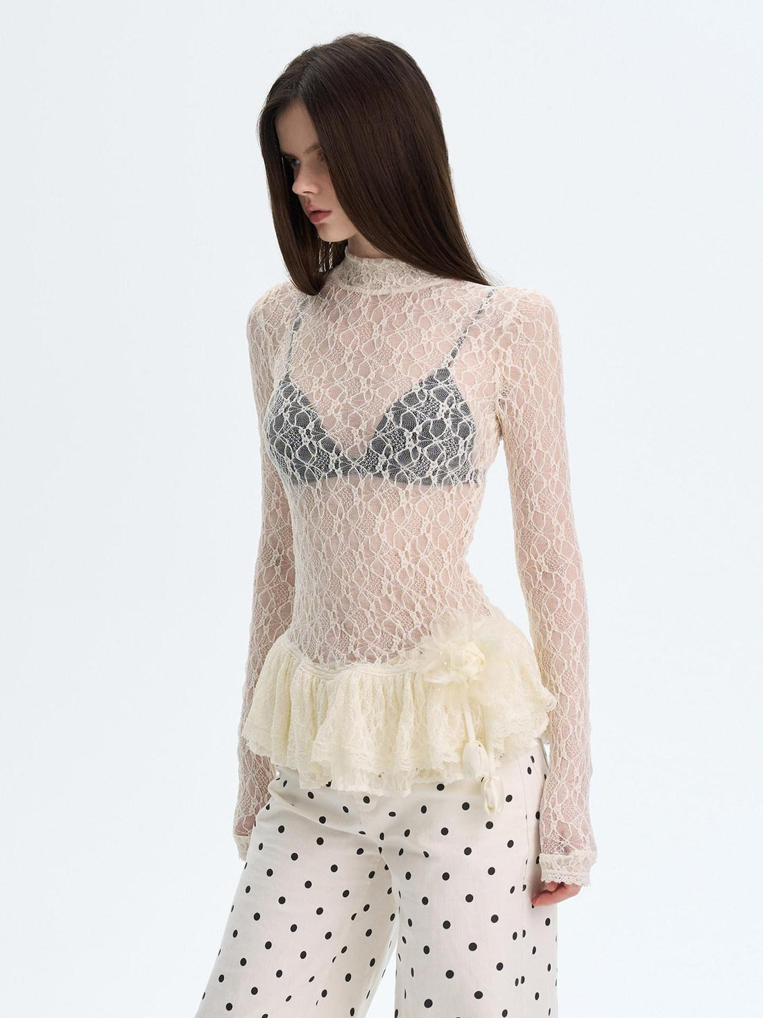 The NeverMore High Stretch Nylon Lace Vintage Slim Layered For Women Long Sleeve Crop Tops