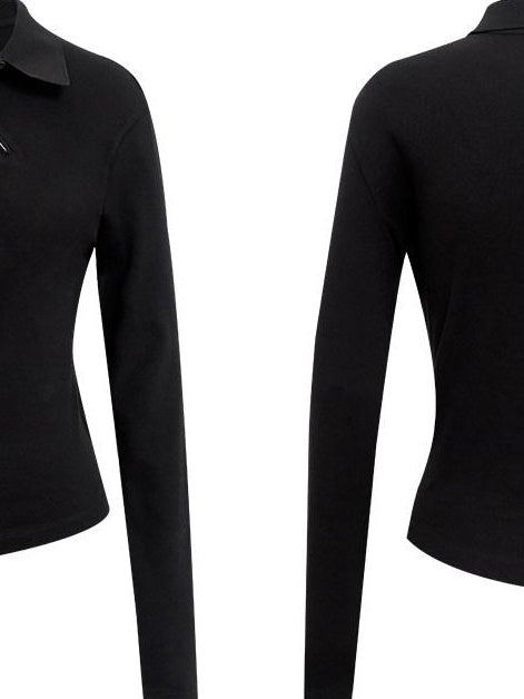 RUN TO THE FUTURE Zip Front Polo Slim Fit Classic Black Stretch Blend Long Sleeve T-Shirts