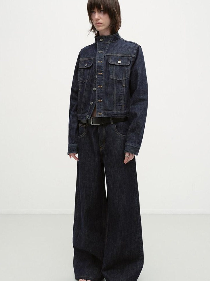 RUN TO THE FUTURE Indigo Two Piece Denim Set Button Jacket Casual Neutral Female Wide-Leg Jeans