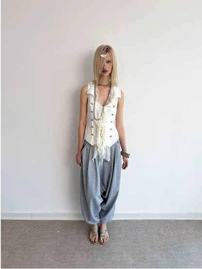 DoublePunch Ruffled Patchwork Slim Fit Vintage Blazer Sleeveless Women&