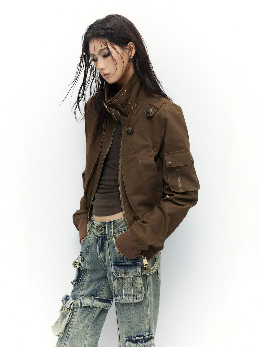 Low pixel Windproof Vintage Slim Metal Detail Women Cotton Lyocell Button Cropped Jackets