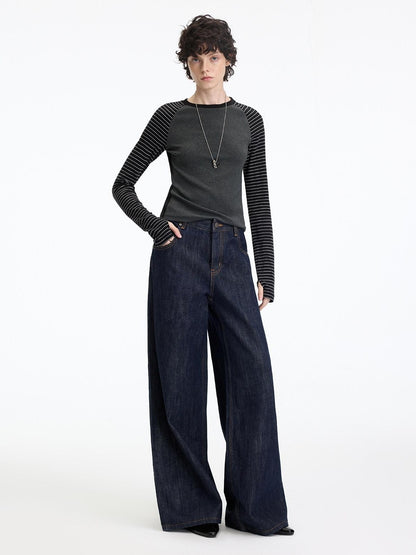 RUN TO THE FUTURE Casual Natural Waist Wide Leg Cotton Zipper Women Indigo Straight Jeans