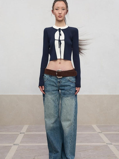 RUN TO THE FUTURE Tie Front Slim Fit Knit Bell Sleeve Cardigan Office Solid T Shirt Crop Tops