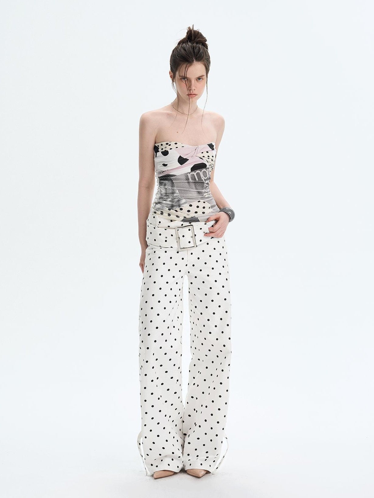 The NeverMore White Polka Dot V Waist Loose Fit Button Fly Women Denim Straight Leg Jeans