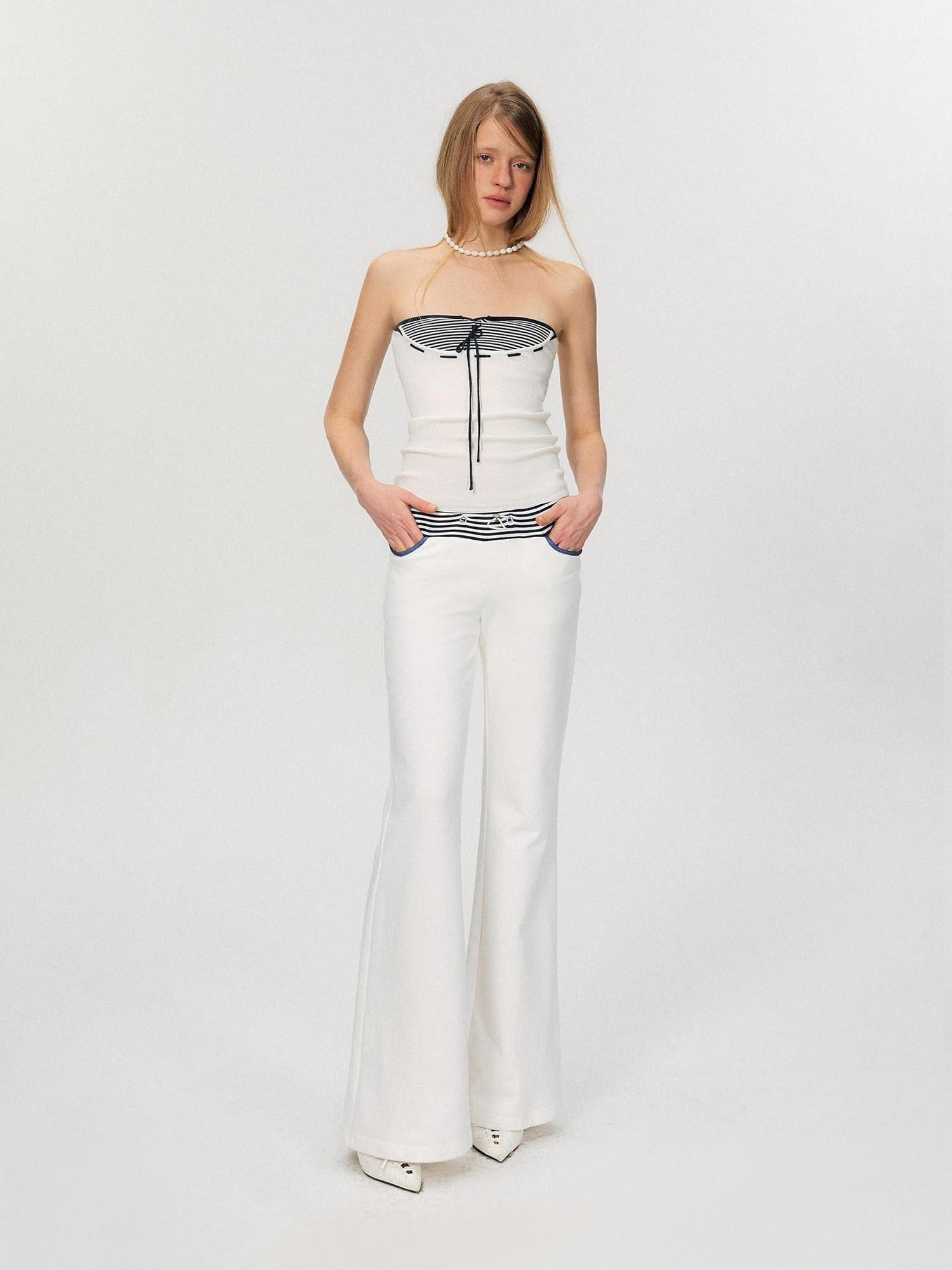 The NeverMore Comfortable Casual Cotton Blend Slight Flare Mid Rise Women White Straight Pants
