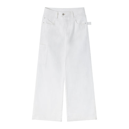 RUN TO THE FUTURE Low Rise 96 Percent Cotton Casual Loose Fit White Denim Wide-Leg Jeans